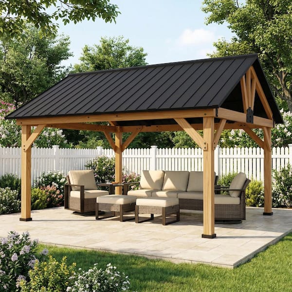 13 ft. x 11 ft. Cedar Wood Outdoor Patio Hardtop Gazebo with Ceiling Hook and Galvanized Steel Roof