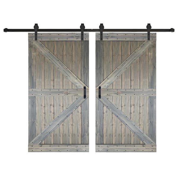 ISLIFE K Series 84 in. x 84 in. Aged Barrel Finished DIY Solid Wood Double Sliding Barn Door with Hardware Kit