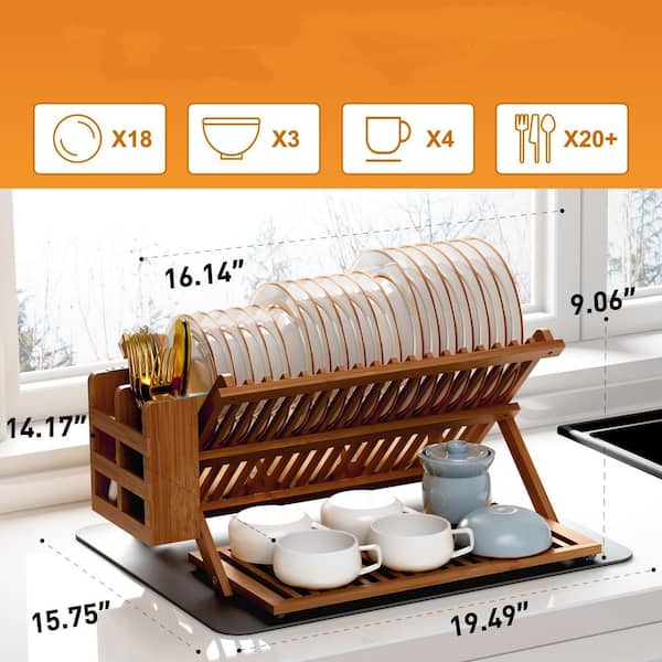 Wudkey Teak Bamboo Dish Drying Rack with Utensil Holder, 3-Tier