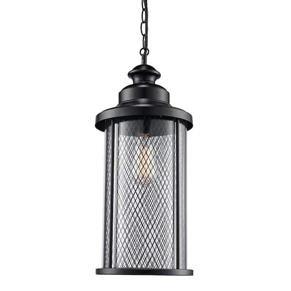 Bel Air Lighting Stewart 1-Light Black Hanging Outdoor Pendant Light Fixture with Mesh Frame and Clear Glass