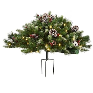 33 in. Artificial Christmas Swag Frosted Berry Urn Filler w/Cones, Red Berries, Tripod Stake & 100 Warm White LED Lights