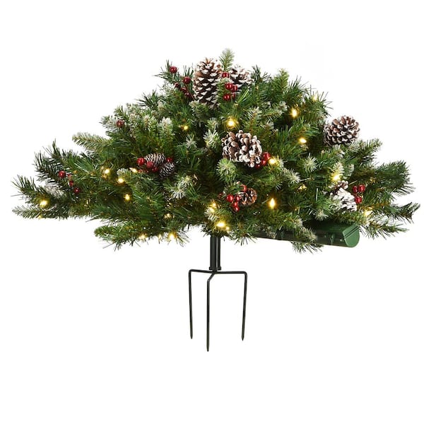 33 in. Artificial Christmas Swag Frosted Berry Urn Filler w/Cones, Red Berries, Tripod Stake & 100 Warm White LED Lights