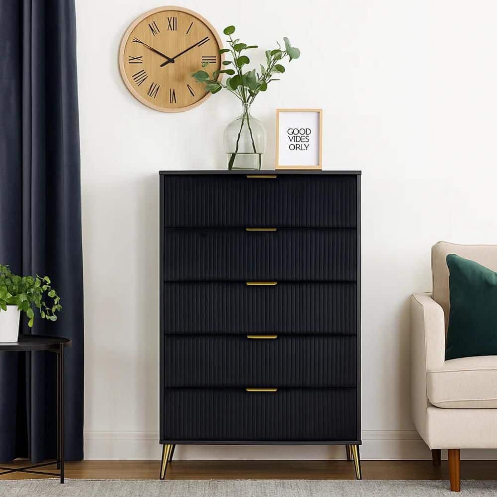 Benjara Moko 51 Inch Tall Dresser, 5 Soft Upholstered Drawers, Black, Gold