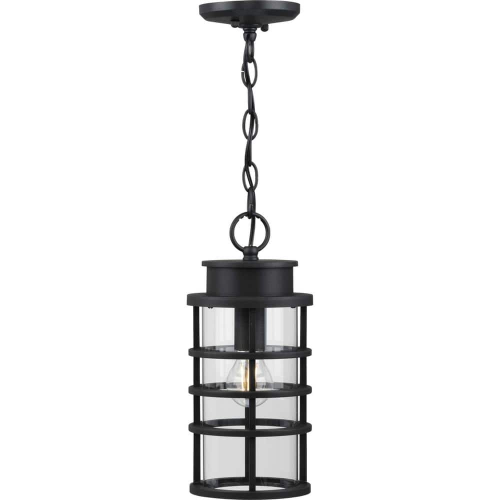 Black Ribbed Frame Outdoor Hanging Lantern with Clear Glass Shade