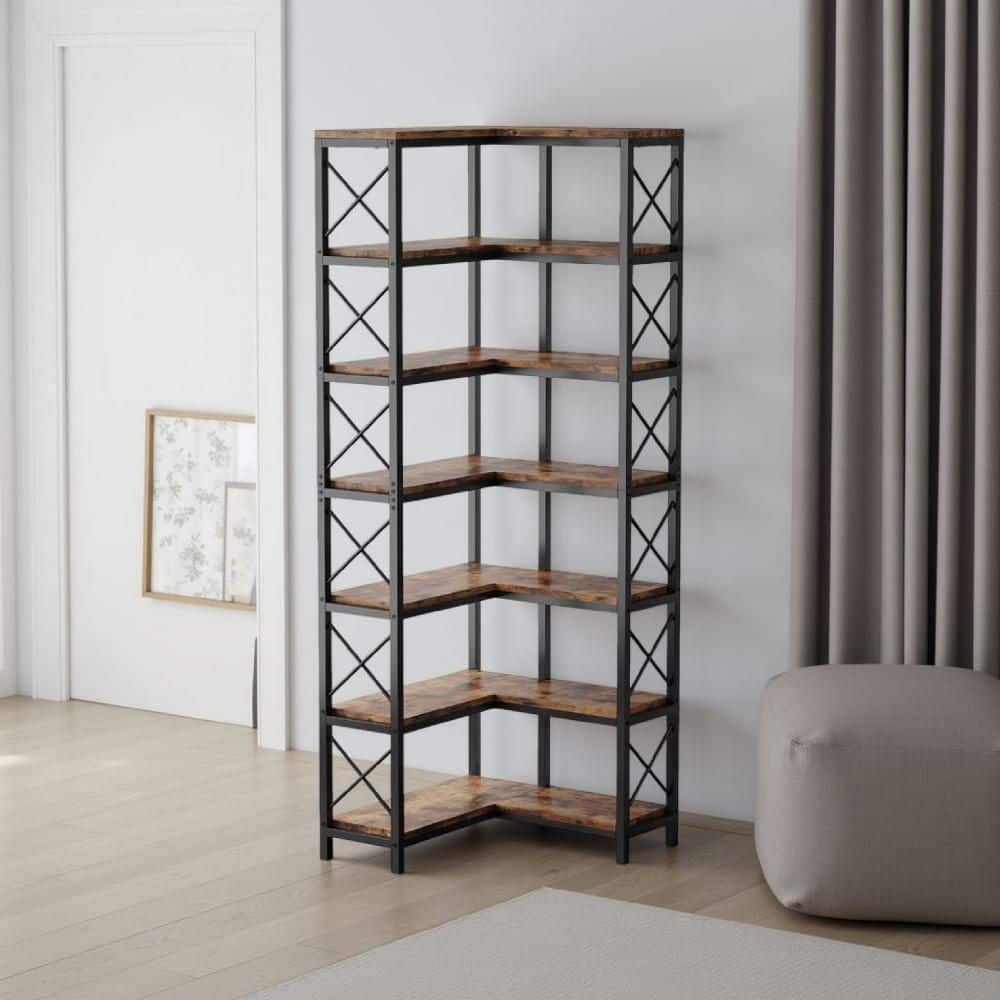 78.84 in. Tall Brown and Black Wood and Metal 7-Shelf Standard Bookcase
