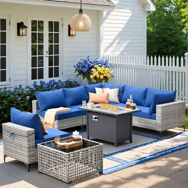 Amity 8 Pieces Wicker Patio Conversation Seating Sofa and Rectangular Fire Pit Set with Navy Blue Cushions