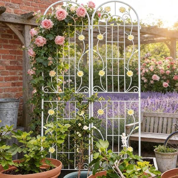 Coporesell 86.7 in. Cream White Metal Garden Trellis for Climbing Plants  Rustproof Outdoor Flower Support (2-Pack) CLGDGT19CW