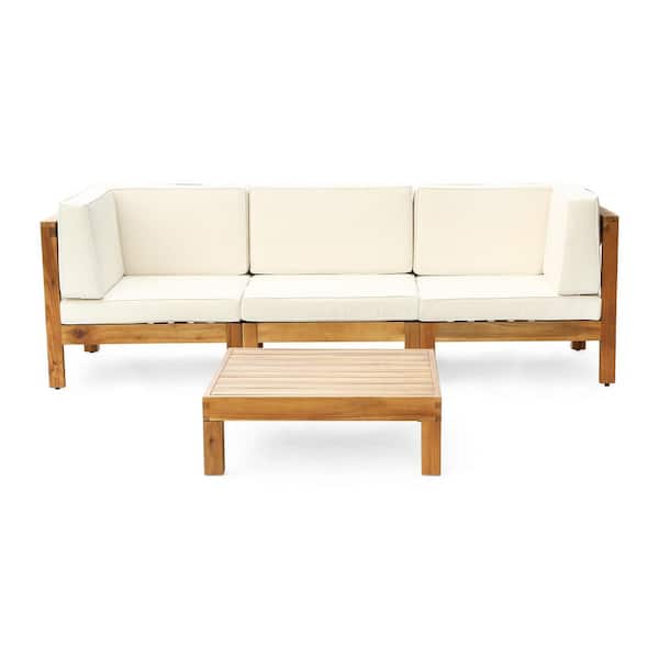 Noble House Brava Teak Brown 4-Piece Wood Patio Conversation Sectional Seating Set with Beige Cushions