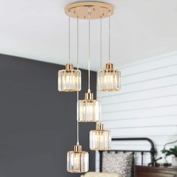 5-Light French Gold Dimmable Cylinder Cluster Pendant Lighting Fixture for Dining Room Bedroom with No Bulbs Included