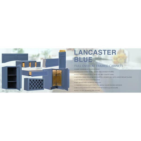 LIFEART CABINETRY Lancaster Blue Plywood Shaker Stock Assembled Blind Corner Kitchen Cabinet (42 in. W x 34.5 in. H x 24 in. D)