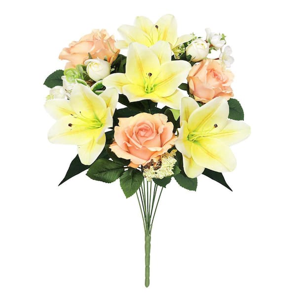 20 in. Yellow Peach Artificial Mixed Rose Lily Blossom Flower Stem Bush Bouquet (Set of 2)