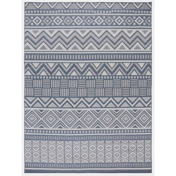 Martha Stewart Indoor Outdoor Navy/Creme 9 ft. x 12 ft. Striped Geometric Indoor/Outdoor Area Rug