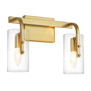 14 in. 2-Light Gold Vanity Light with Clear Glass Cylinder Shades