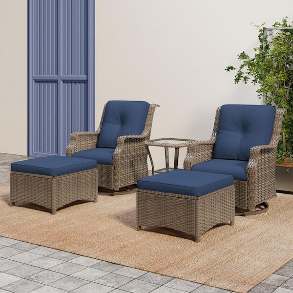 5-Piece Wicker Patio Lounge Chair Set with Swivel Rockers, Ottomans, and Glass Side Table and Blue Cushions Chat Set
