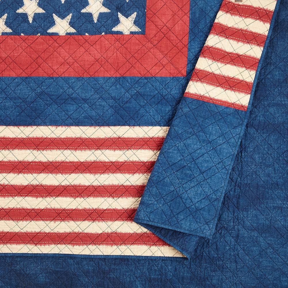 Classic Americana Patchwork King Cotton Quilt Set with Reversible Blue Denim