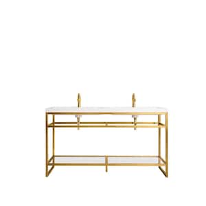 Boston 63 in. Double Console in Radiant Gold with Resin Vanity Top in White Glossy with White Basin