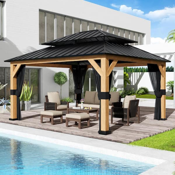 Gardenbee 13 ft. x 11 ft. Outdoor Cedar Wood Hardtop Gazebo, Double Galvanized Steel Roof and Mosquito Netting