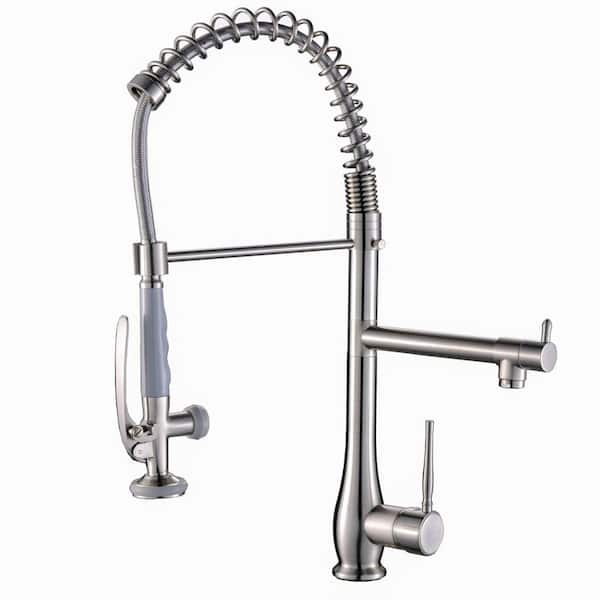 Double Handle Deck Mount Commercial Pull Down Kitchen Faucet with Sprayer Modern Brass Taps in Brushed Nickel