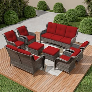 8-Piece Wicker Patio Conversation Set Yard Garden Porch with Red Cushions