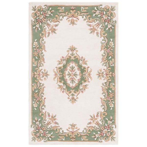 Aubusson 5 ft. x 8 ft. Ivory/Green Floral Area Rug