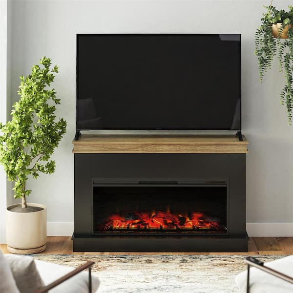 Ameriwood Home Melwood 54 in. W Freestanding, Mantel with Linear Electric Fireplace TV Stand in Black/Natural
