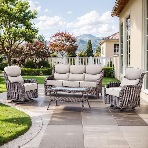 NovaSwivel Brown 4-Piece Patio Conversation Set Outdoor Sofa Set With 6 in. Thick Beige Cushions and Swivel Glider