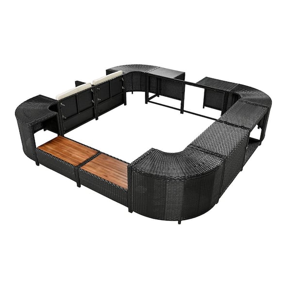 Unbranded Wicker Spa Surround Spa Frame Quadrilateral Outdoor Sectional Sofa Set, Storage Spaces, with Beige Cushions