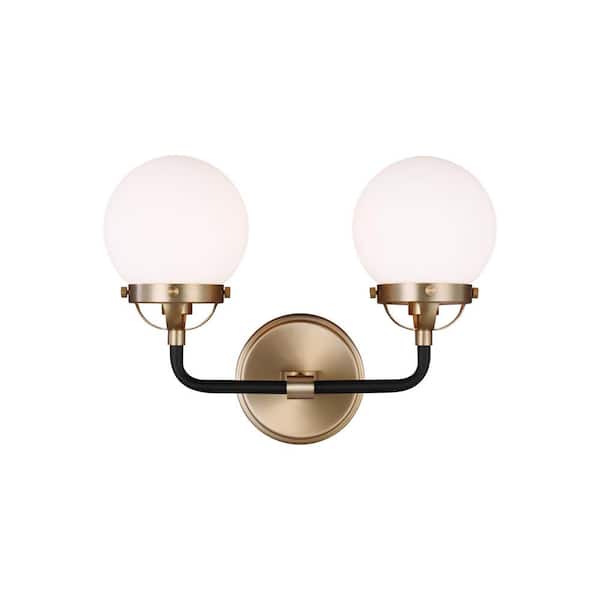 Cafe 14 in. W 2-Light Satin Brass Vanity Light with Etched/White Glass Shades and Matte Black Frame Accents