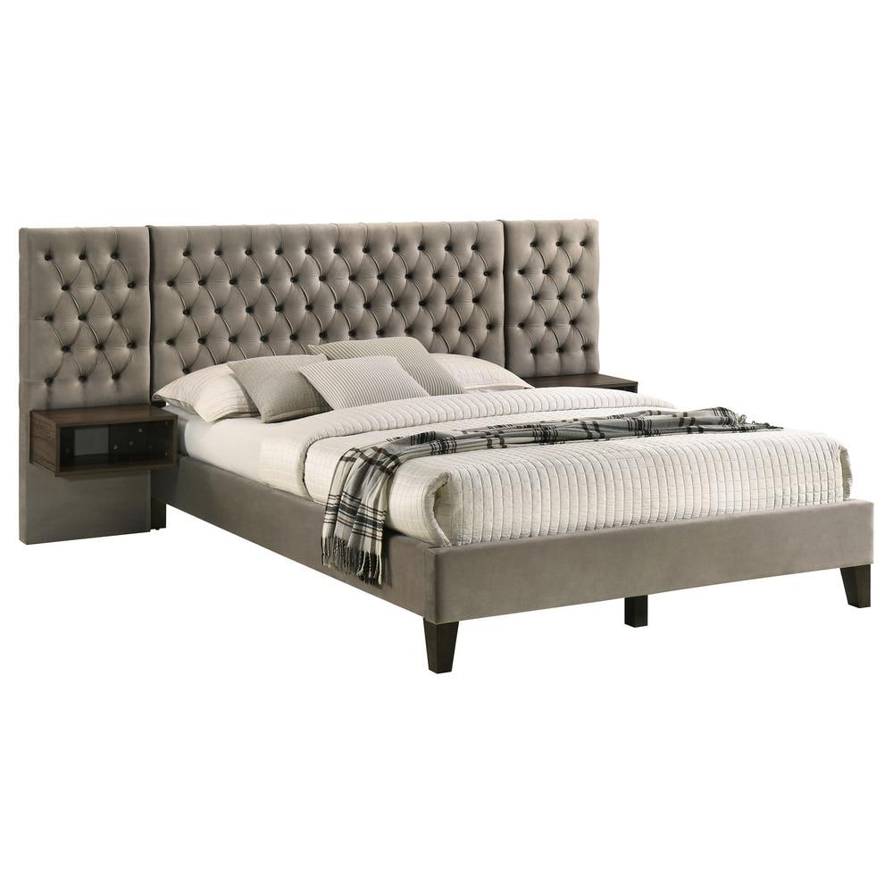 Light Brown Velvet Upholstered Queen Platform Bed with Tufted Headboard