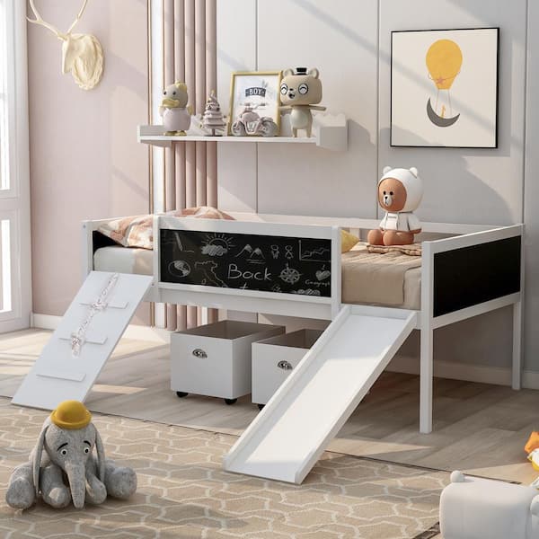 Qualler White Twin Size Loft Bed with Slide and 2-Storage Boxes
