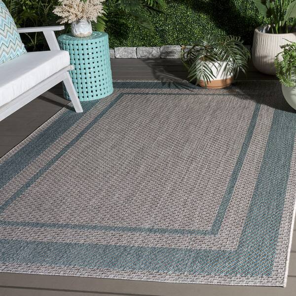 Courtyard 7 x 10 Green/Aqua Border Area Rug
