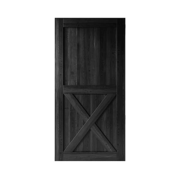 HOMACER 42 in. x 84 in. X-Frame Black Solid Natural Pine Wood Panel Interior Sliding Barn Door Slab with Frame