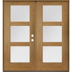 Modern 72 in. x 80 in. 3-Lite Left-Active/Inswing Satin Etched Glass Bourbon Stain Double Fiberglass Prehung Front Door