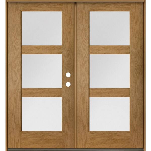Modern 72 in. x 80 in. 3-Lite Left-Active/Inswing Satin Etched Glass Bourbon Stain Double Fiberglass Prehung Front Door