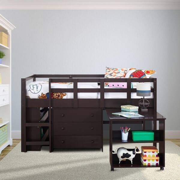 HOMESTOCK Espresso Low Loft Bed Twin Loft Bed with Desk Kids Beds for Boy Solid Pine Wood Toddler Bed