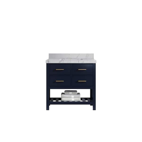 Willow Collections Parker 36 in. Single Sink Freestanding Navy Blue Bath Vanity with Venatino Qt. Top Unassembled