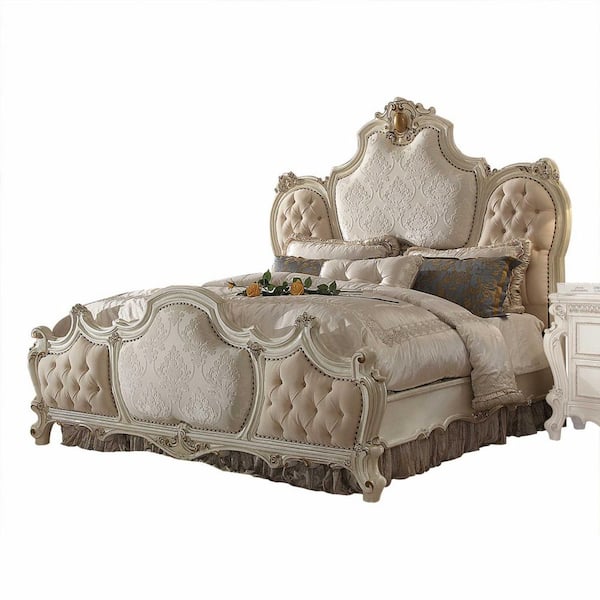 HomeRoots 89 in. X 89 in. X 78 in. Fabric Antique Pearl Wood Poly Resin Upholstery Eastern King Bed