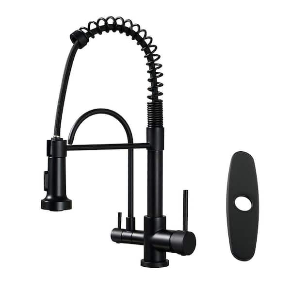 17.5 in. Double Handle Pull Down Spray Kitchen Faucet with Drinking Water Filter, 360° Spout Swivel in Matte Black