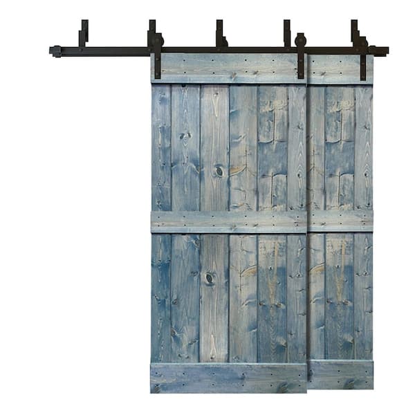 CALHOME 84 in. x 84 in. Mid-Bar Bypass Denim Blue Stained Solid Pine Wood Interior Double Sliding Barn Door with Hardware Kit