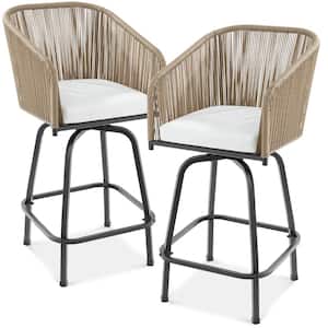 Swivel Wicker Outdoor Bar Stool with Ivory Cushions (2-Pack)