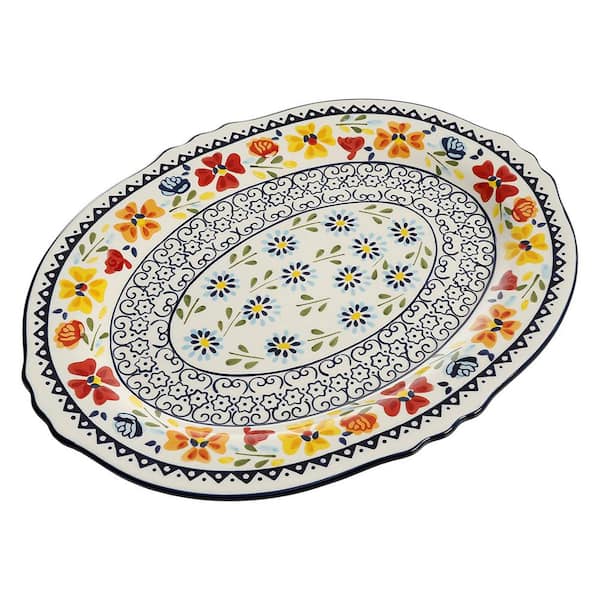 Unbranded Elite 1-Piece 2 in. Assorted Color Blue Floral Design Hand-Painted Stone Oval Serving Platter