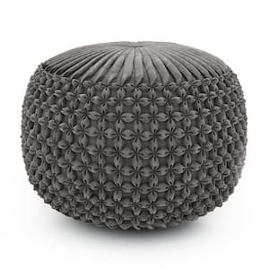 Renee Boho Round Pouf in Dove Grey Velvet Fabric