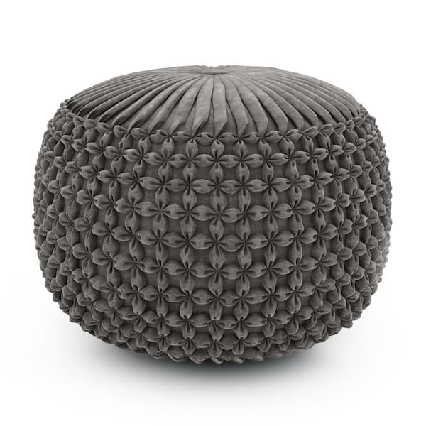 Simpli Home Renee Boho Round Pouf in Dove Grey Velvet Fabric