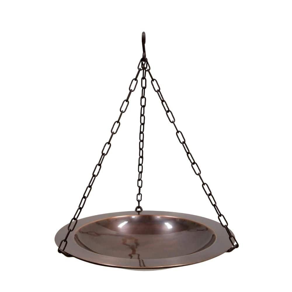 ACHLA DESIGNS 18 in. Dia. Round Antique Finished Classic Copper Hanging Birdbath w/Roman Bronze Wrought Iron Hanger