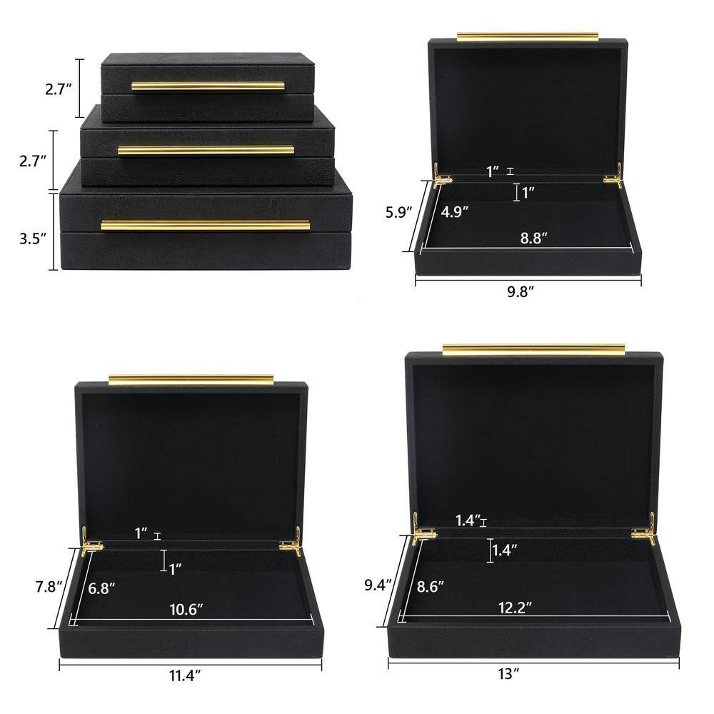 Black Faux Leather Rectangular Decorative Storage Boxes with Gold Handles, Set of 3