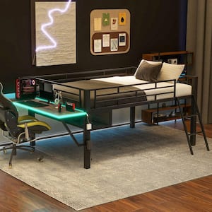 Gaming Style Black Full Size Metal Loft Bed with Built-in Wood Tabletop, LED Light, Vented Mesh Undercarriage Storage