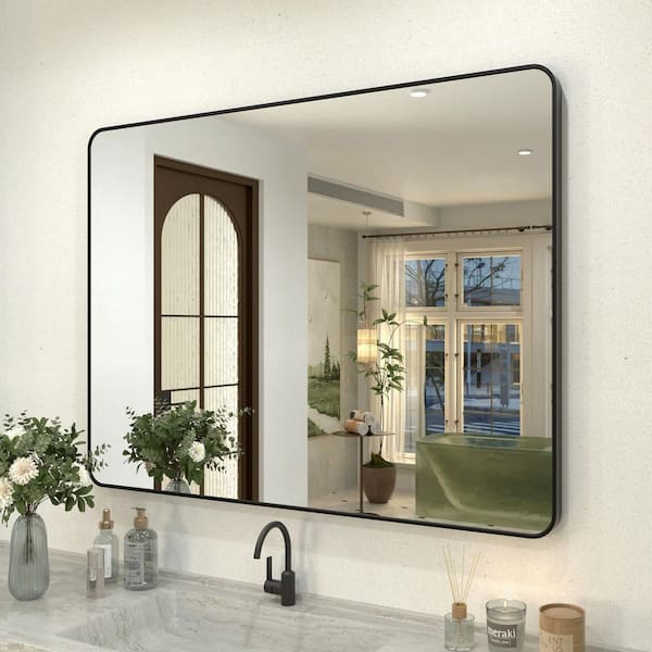 Cozy 48 in. W x 36 in. H Rectangular Framed Wall Bathroom Vanity Mirror in Matte Black