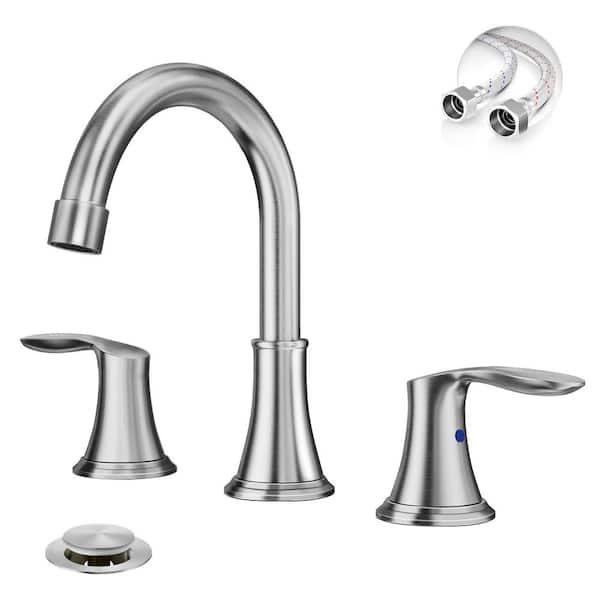 8 in. 3-Holes Brushed Nickel Bathroom Faucet 2-Handles Stainless Steel Bathroom Sink Faucet with Metal Pop-Up Drain