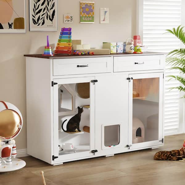 FUFU&GAGA XL Wooden Litter Box Enclosure Furniture with 2-Drawers, Indoor Cat Cabinet Washroom Storage in White