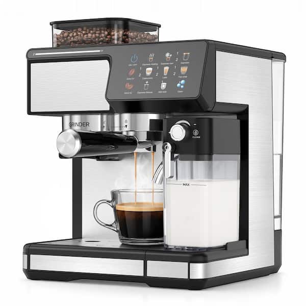 2-Cup Silver Semi-Automatic Espresso Machine with Built-In Grinder, 20-Bar Extraction, NTC Temp Control